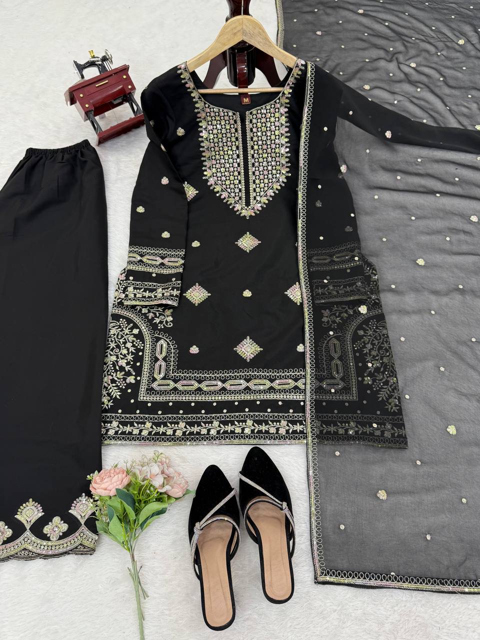 Black Roman Silk Embroidered Sharara Set with Faux Georgette Lace Border Dupatta
