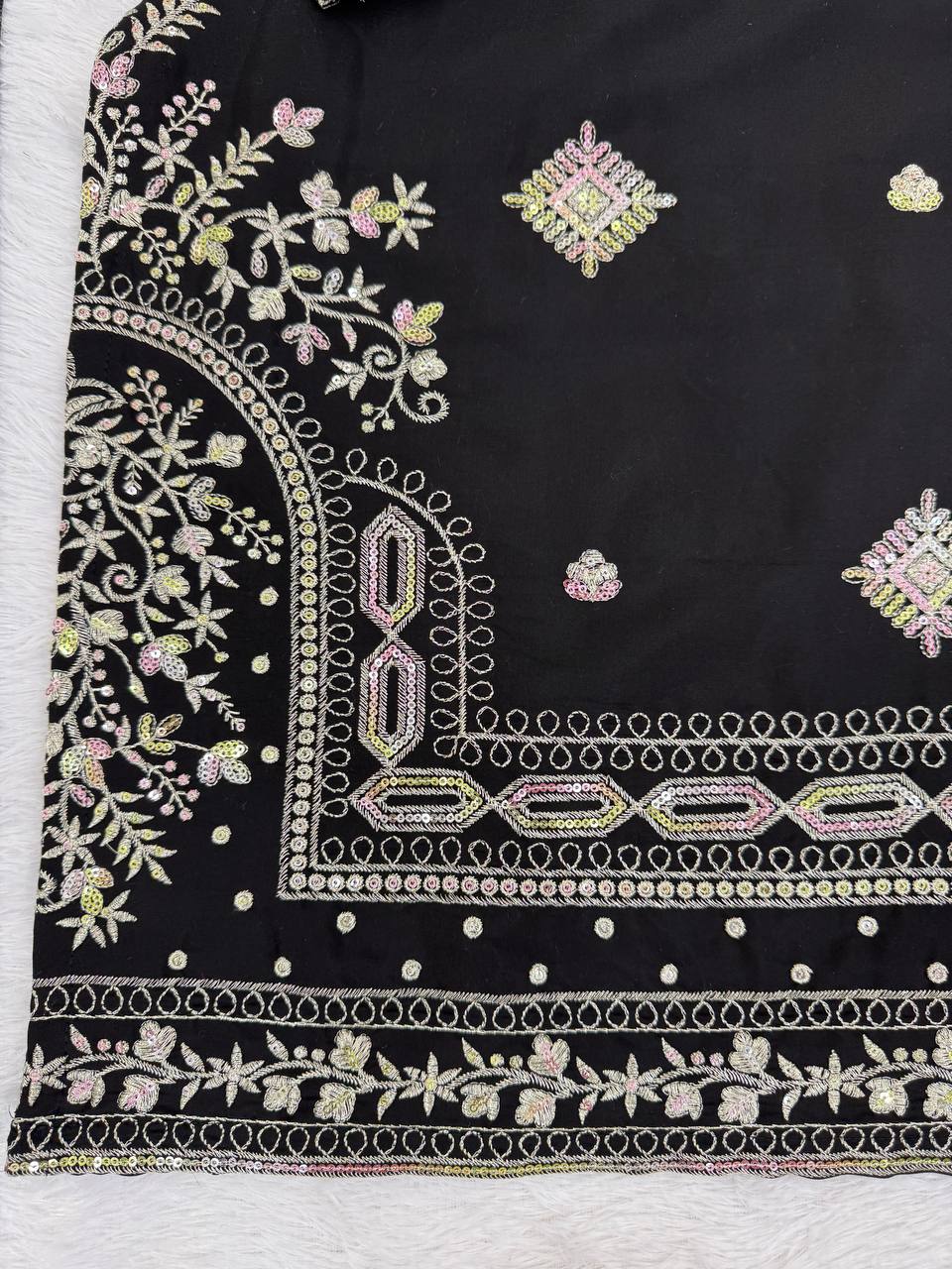 Black Roman Silk Embroidered Sharara Set with Faux Georgette Lace Border Dupatta