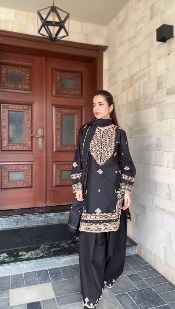 Black Roman Silk Embroidered Sharara Set with Faux Georgette Lace Border Dupatta