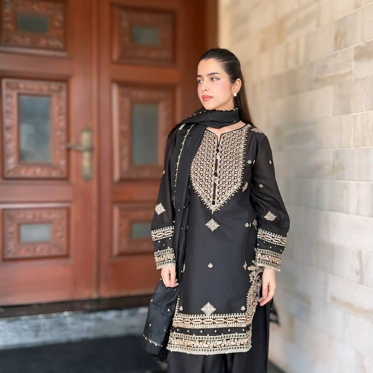 Black Roman Silk Embroidered Sharara Set with Faux Georgette Lace Border Dupatta