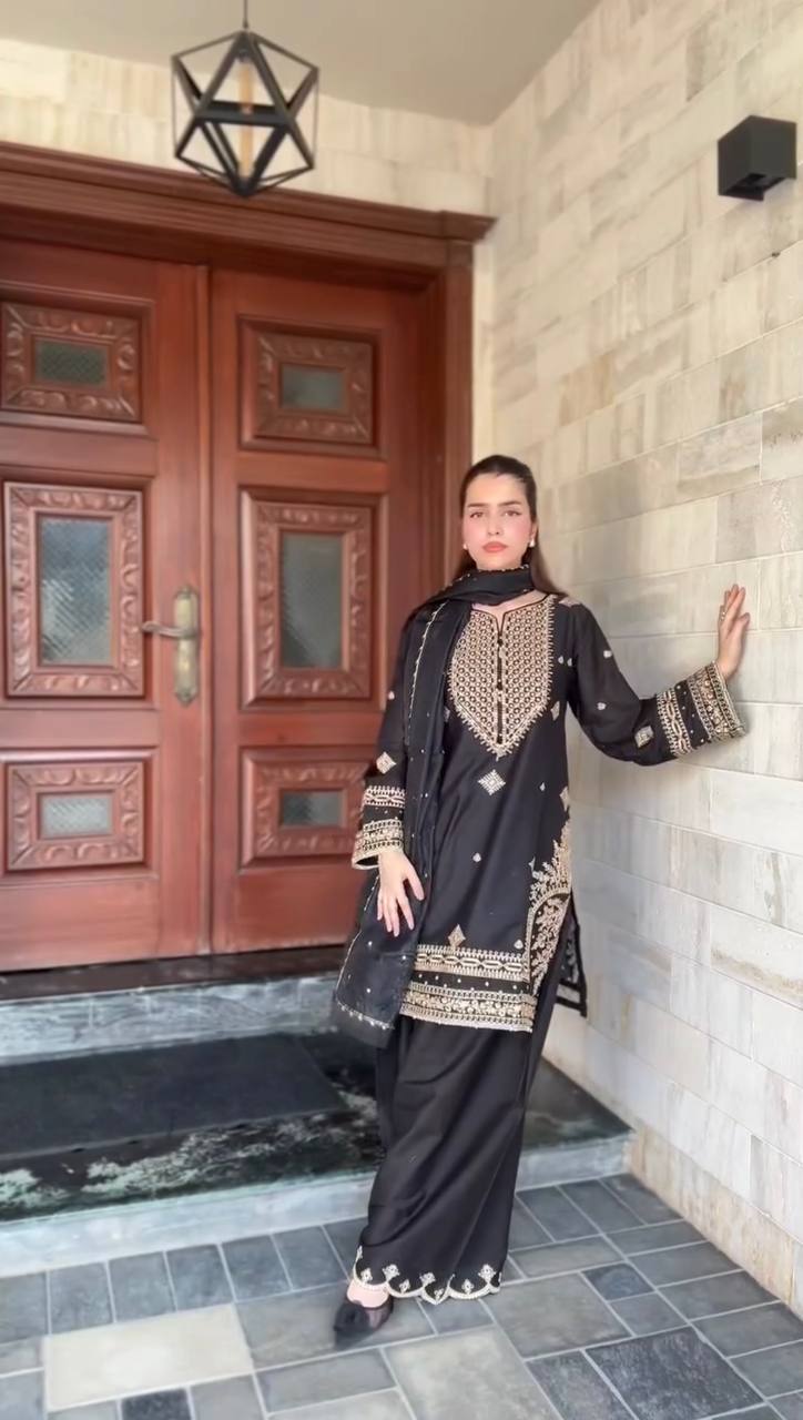 Black Roman Silk Embroidered Sharara Set with Faux Georgette Lace Border Dupatta