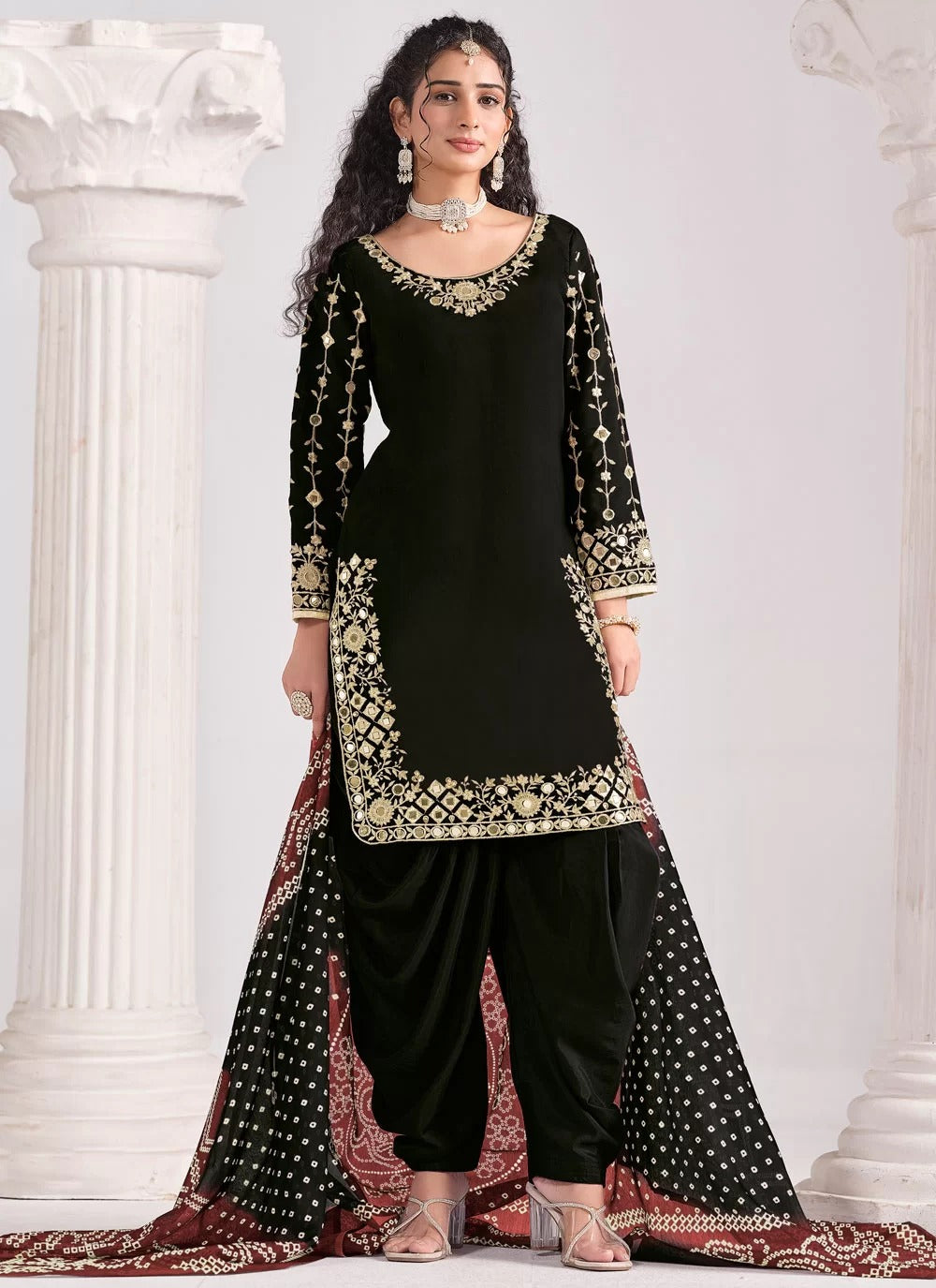 Timeless black roman silk patiyala suit with mirror embroidery