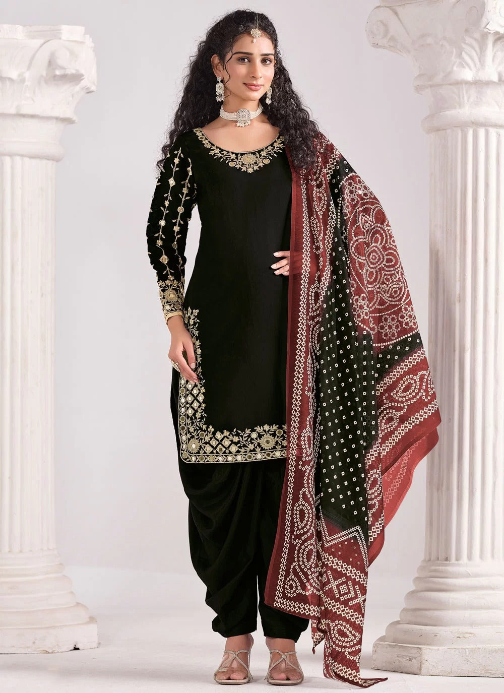 Timeless black roman silk patiyala suit with mirror embroidery