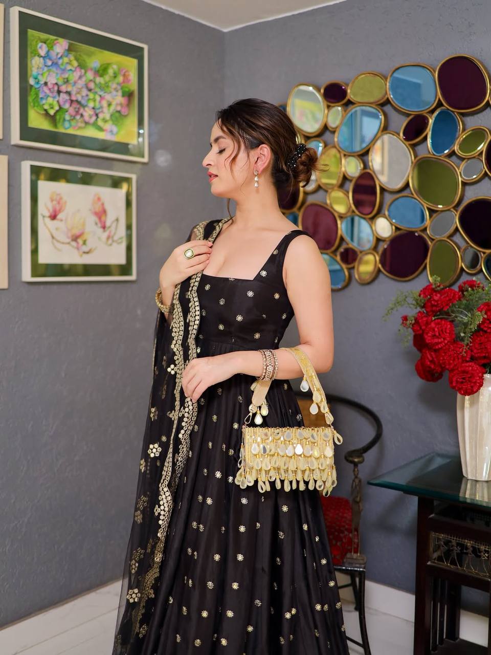 Black Silk Designer Anarkali Suit Set with 5mm Sequins & Thread Embroidery – Luxurious Kali-Cut Ensemble with Net Dupatta