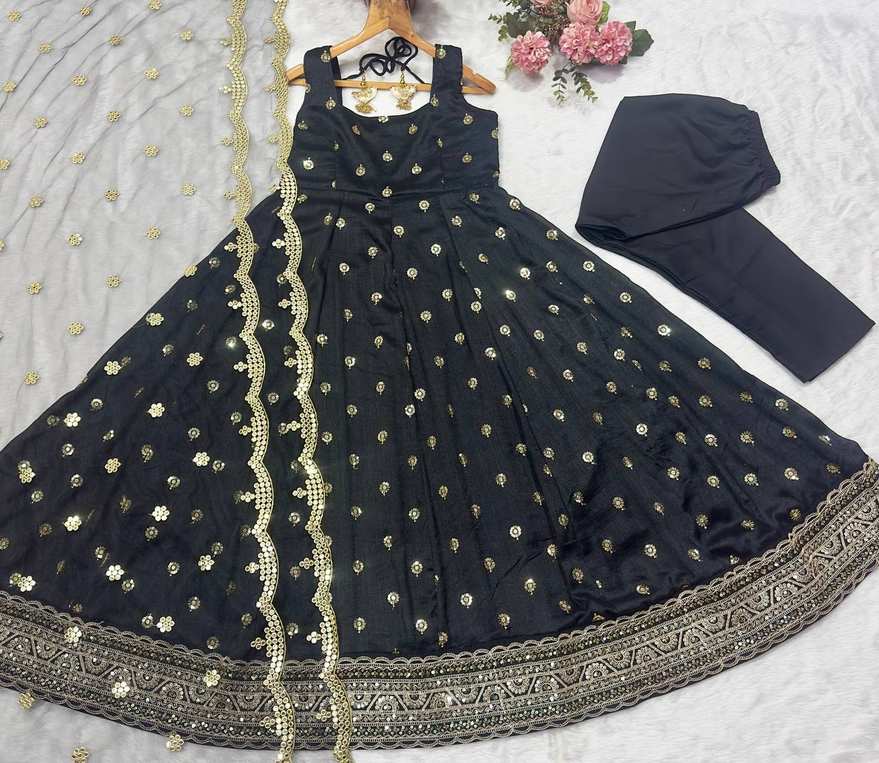 Black Silk Designer Anarkali Suit Set with 5mm Sequins & Thread Embroidery – Luxurious Kali-Cut Ensemble with Net Dupatta