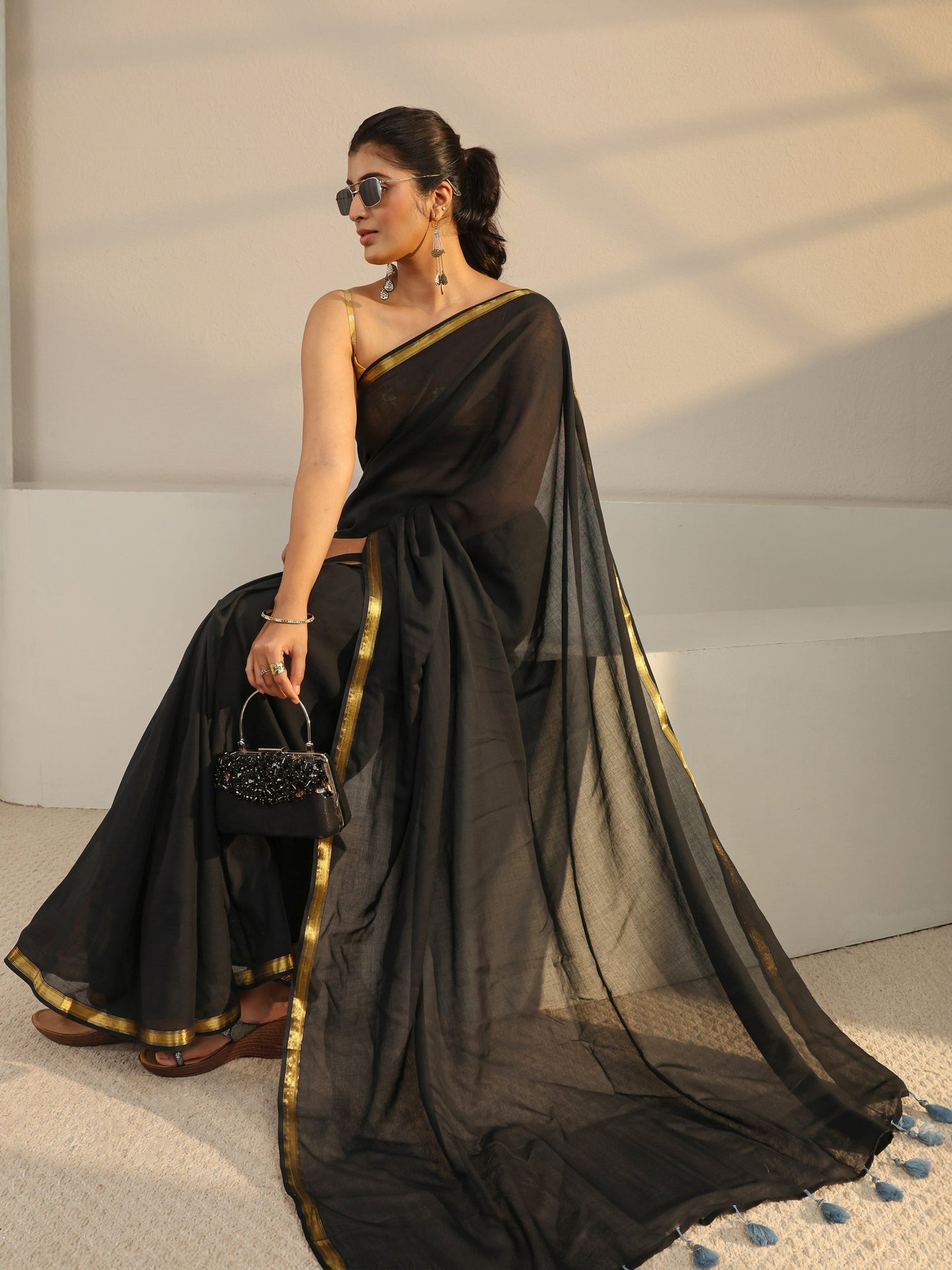 Libas Black Solid Cotton Tassel Saree