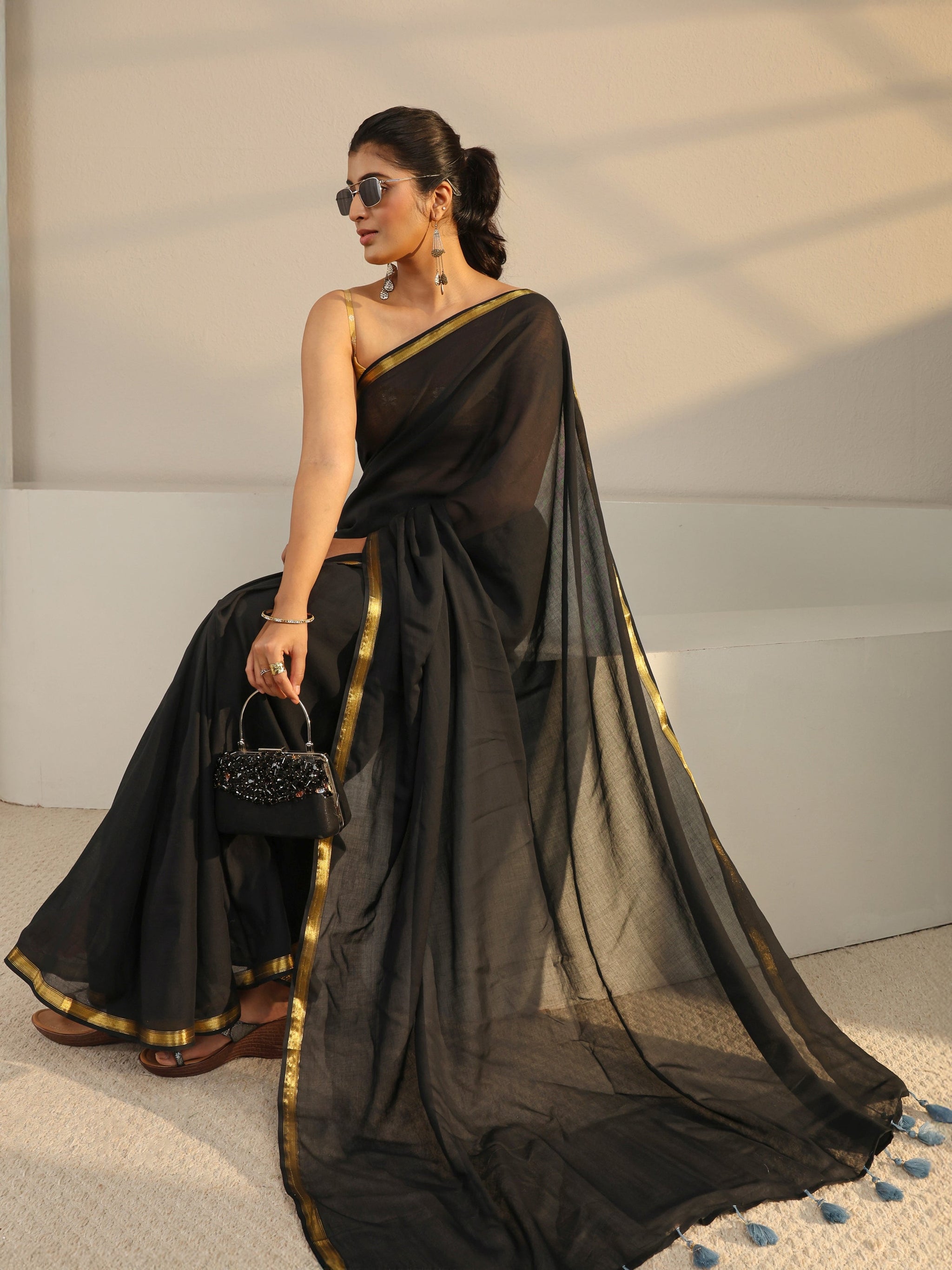 Libas Black Solid Cotton Tassel Saree