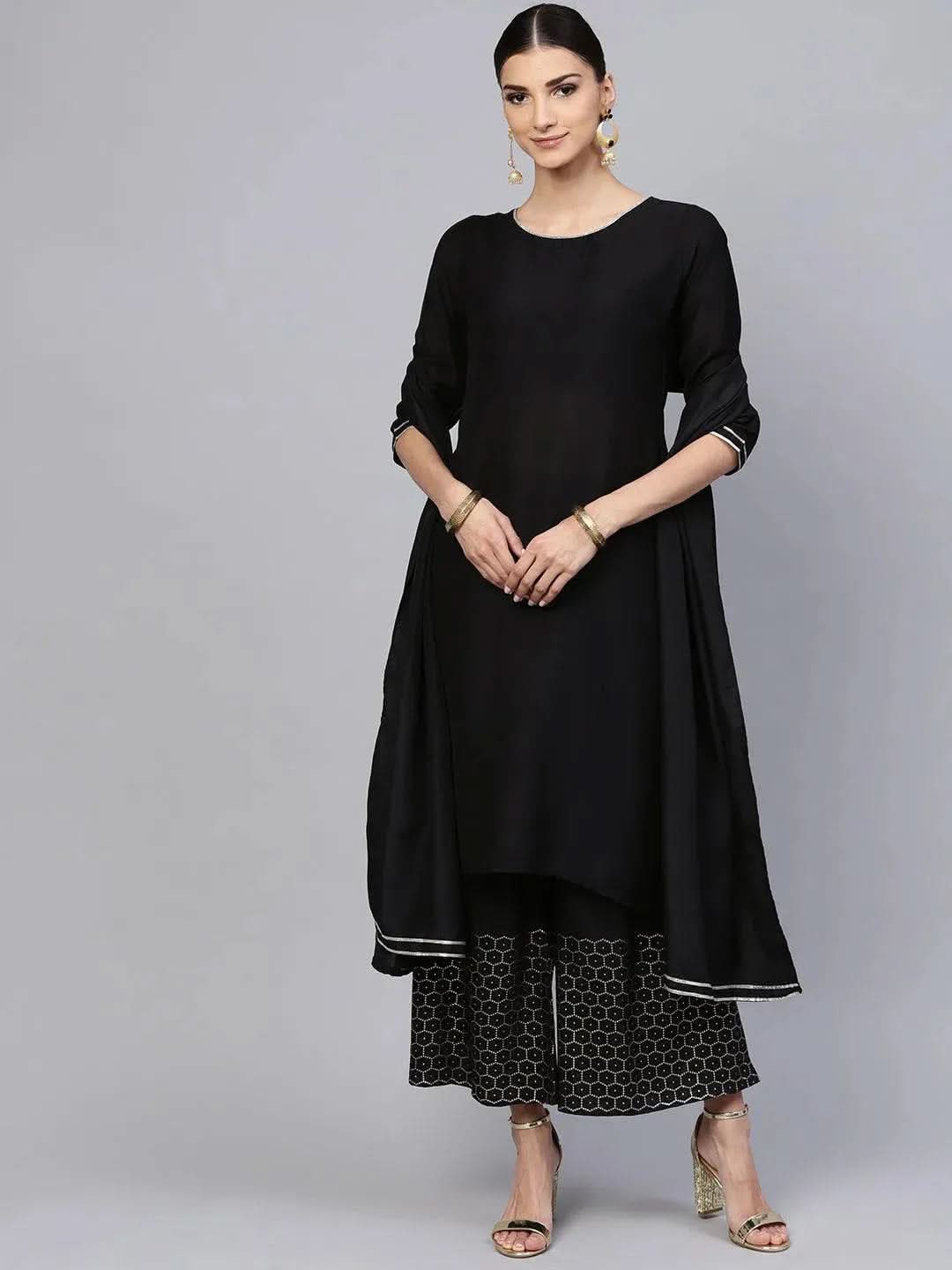 Libas Black Solid Muslin A-Line Kurta With Palazzos & Stole