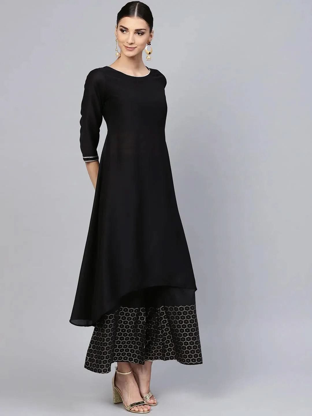 Libas Black Solid Muslin A-Line Kurta With Palazzos & Stole