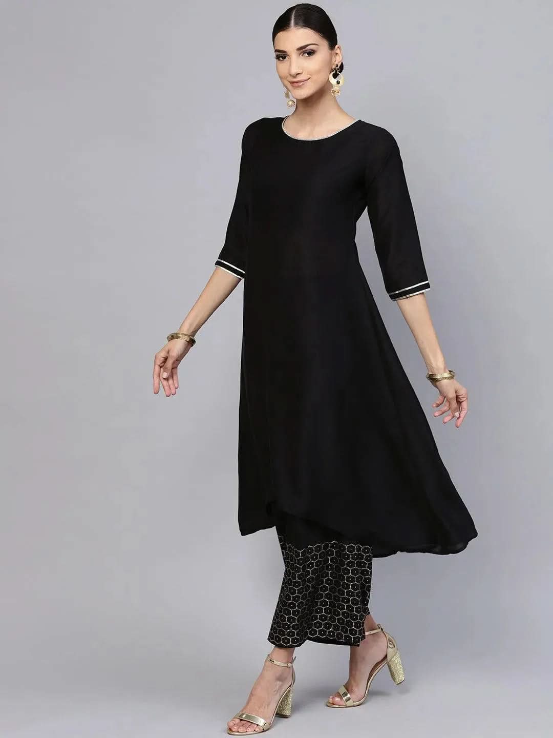 Libas Black Solid Muslin A-Line Kurta With Palazzos & Stole