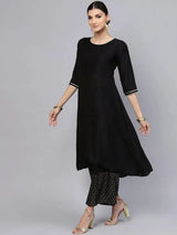 Libas Black Solid Muslin A-Line Kurta With Palazzos & Stole
