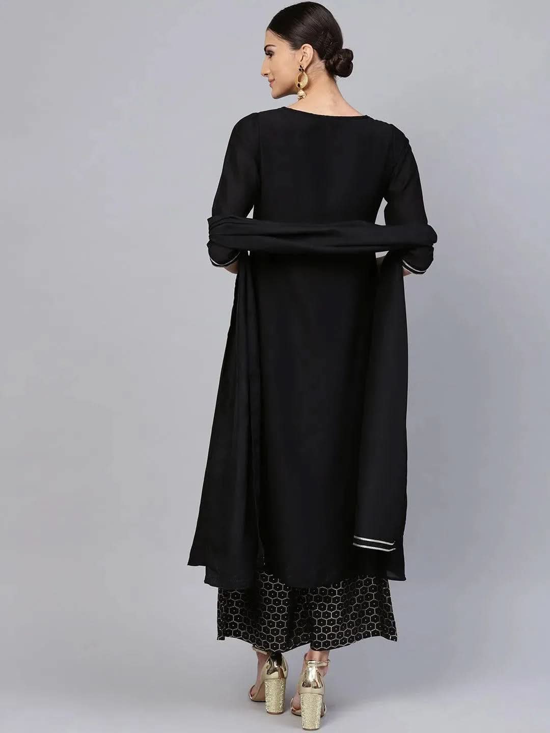 Libas Black Solid Muslin A-Line Kurta With Palazzos & Stole