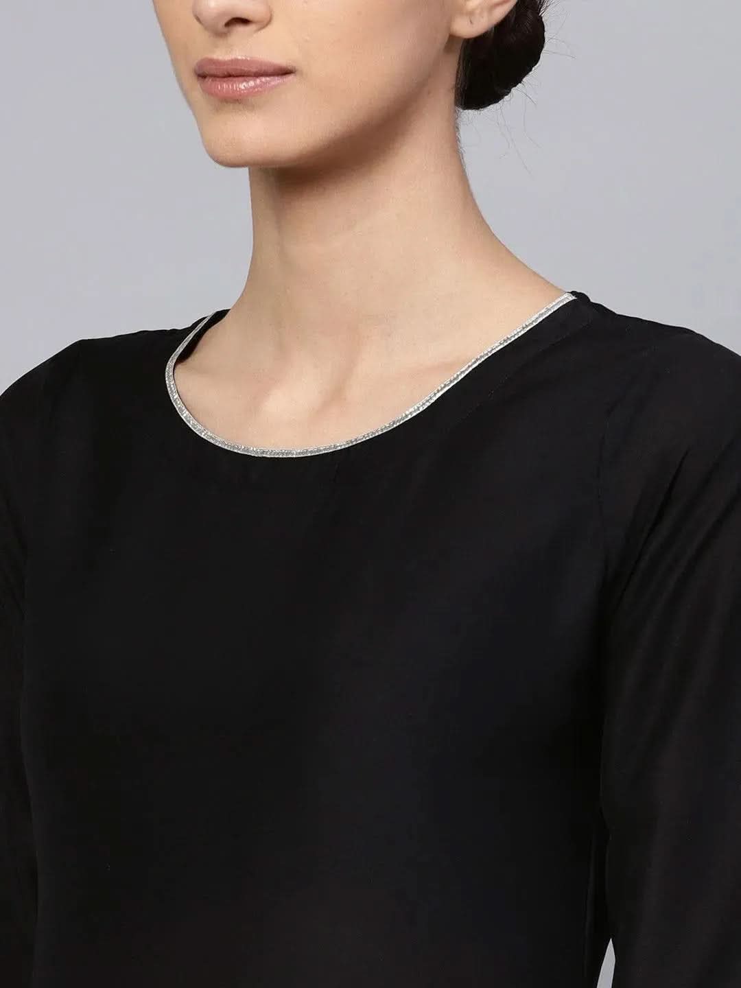 Libas Black Solid Muslin A-Line Kurta With Palazzos & Stole