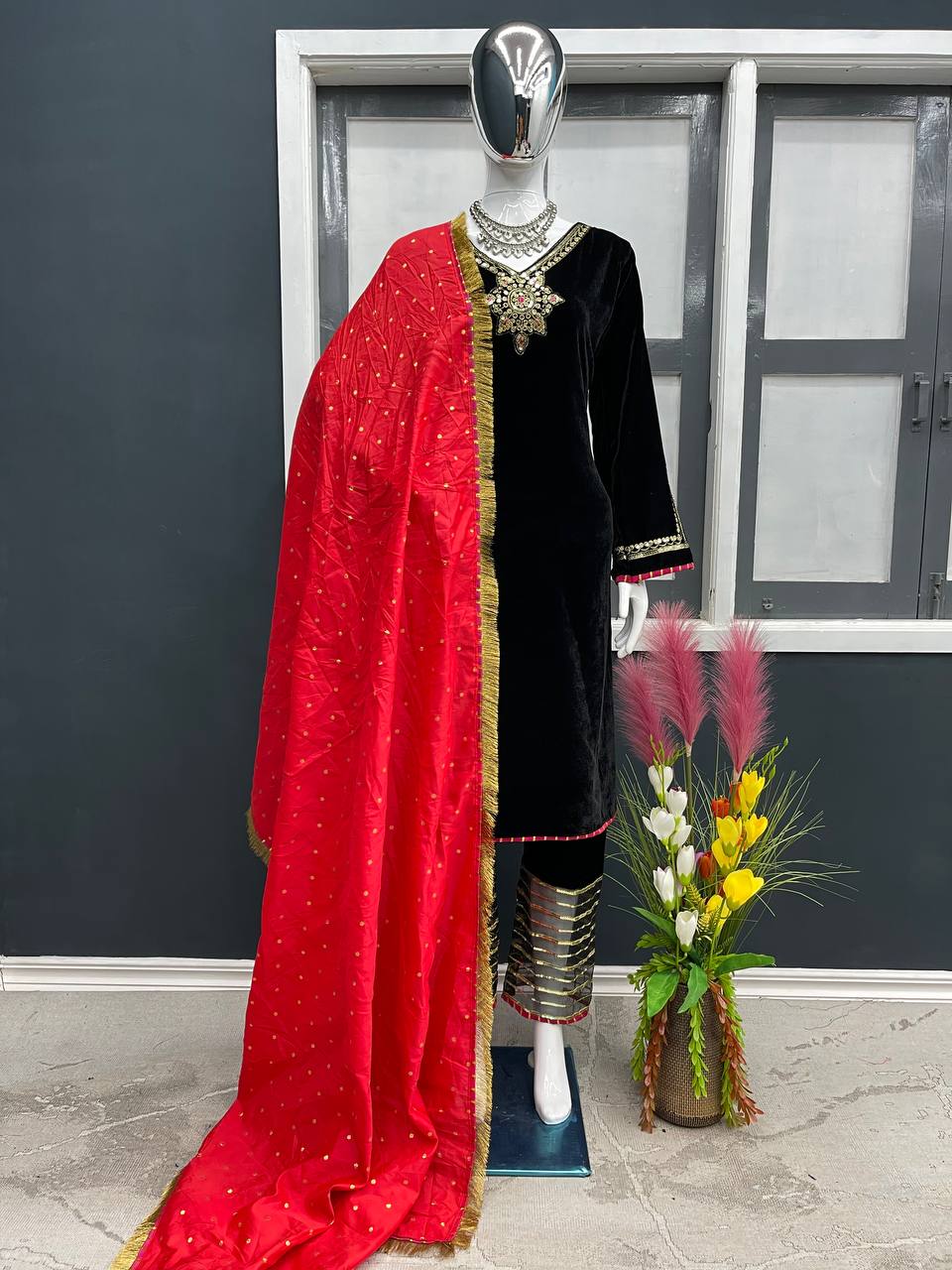 Black Stunning Designer Top, Bottom & Dupatta Set with Velvet, Organza Silk