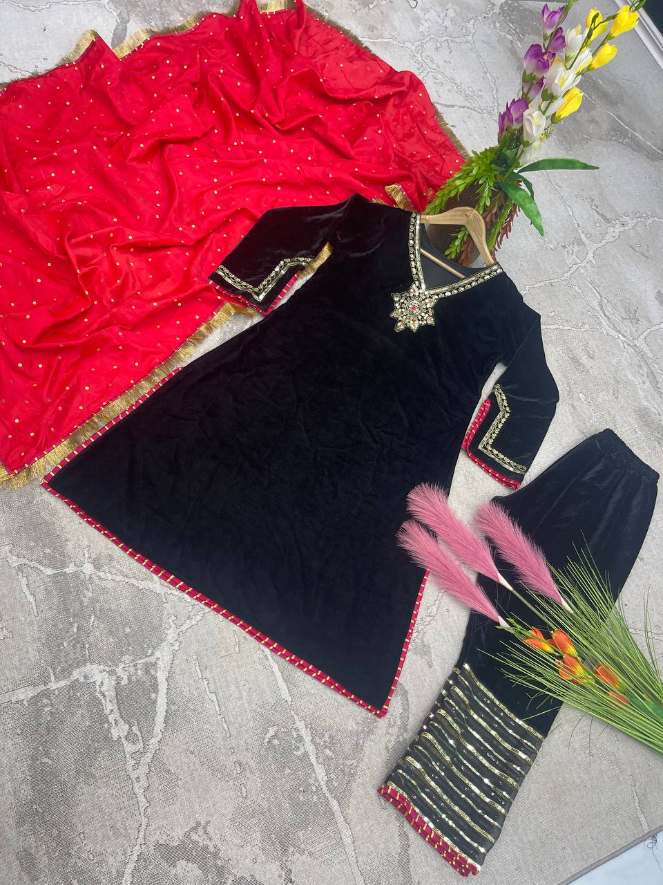 Black Stunning Designer Top, Bottom & Dupatta Set with Velvet, Organza Silk