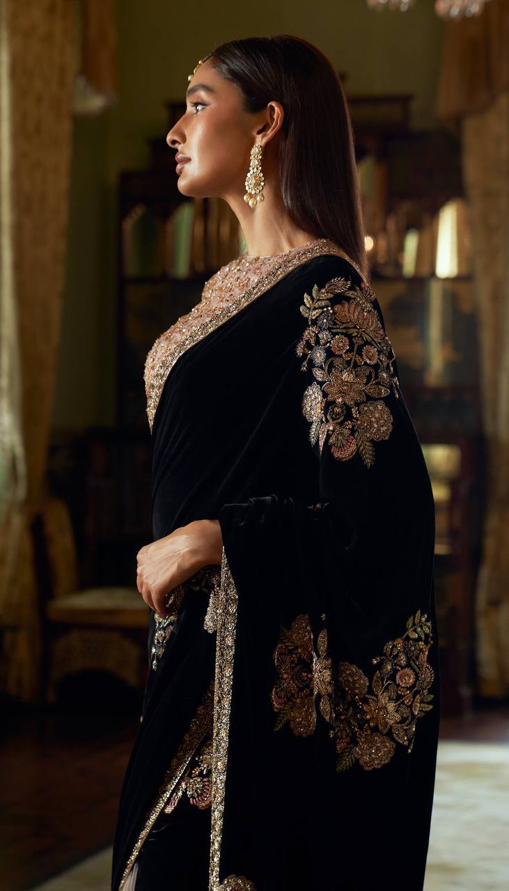Black Stunning Velvet & Net Saree with Sequins & Dori Work
