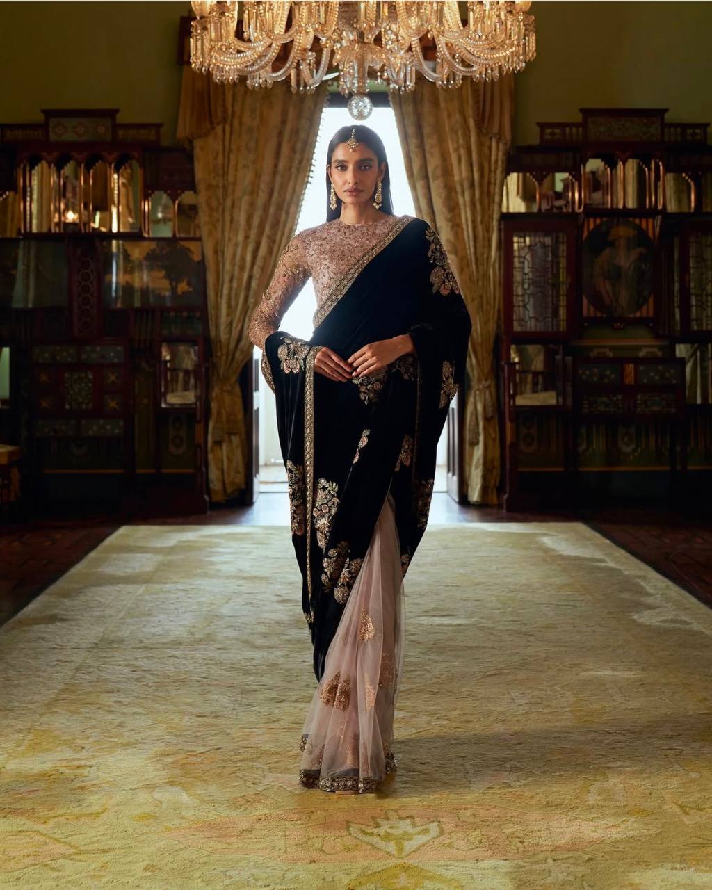 Black Stunning Velvet & Net Saree with Sequins & Dori Work