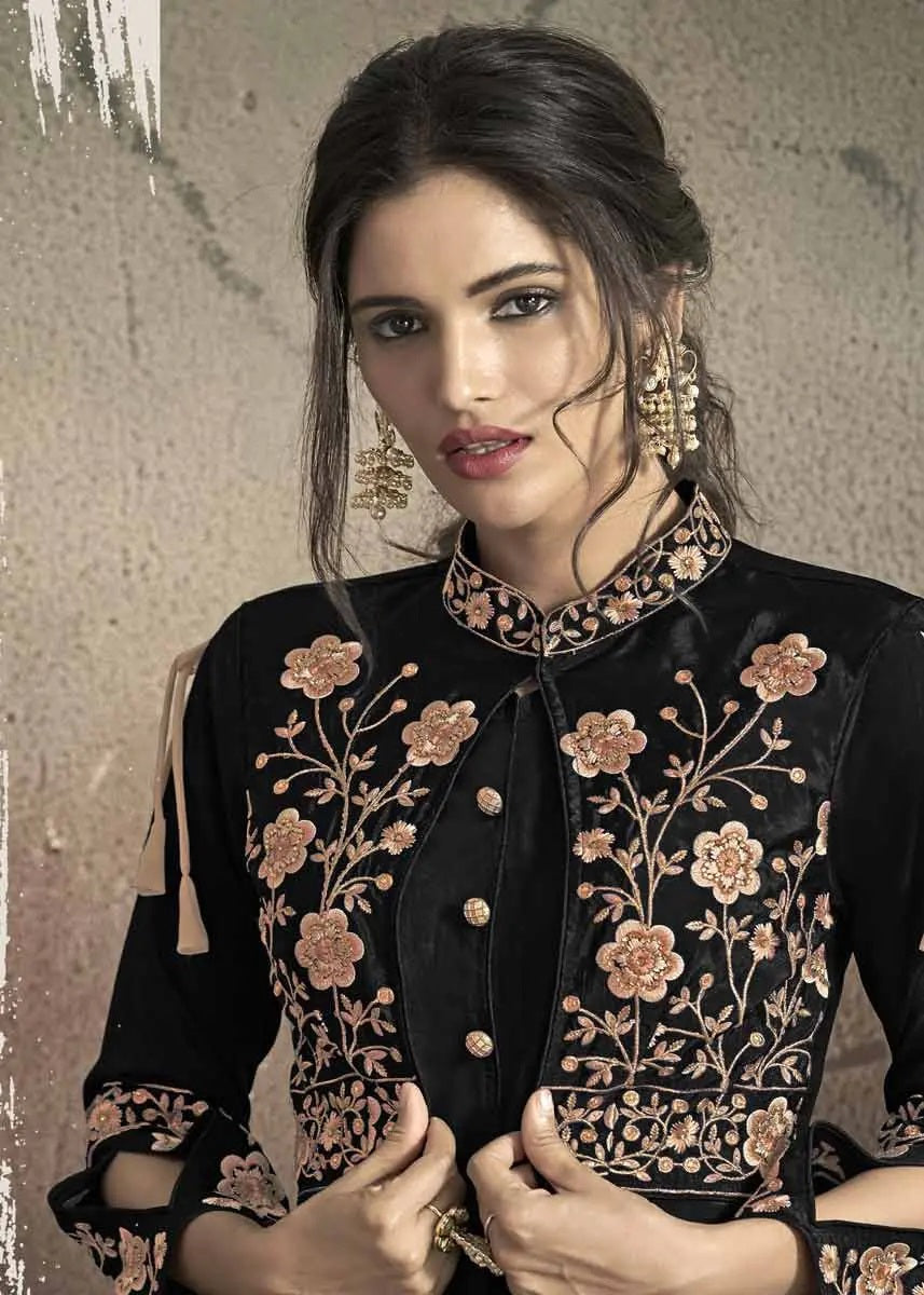 Black taffeta embroidered designer gown