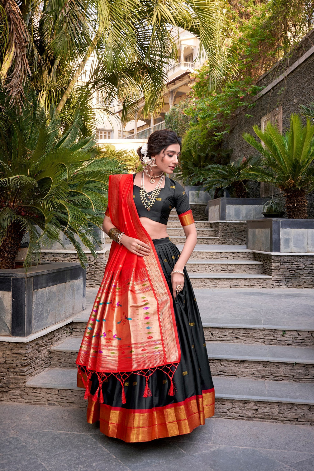 Black Traditional Paithani Jacquard Silk Lehenga Set with Zari Weaving & Tassel Dupatta – Stitched