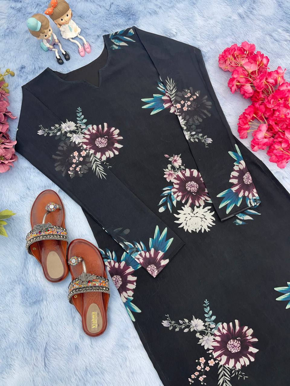 Black Trendy Printed Straight Kurti - Heavy Soft Faux Georgette