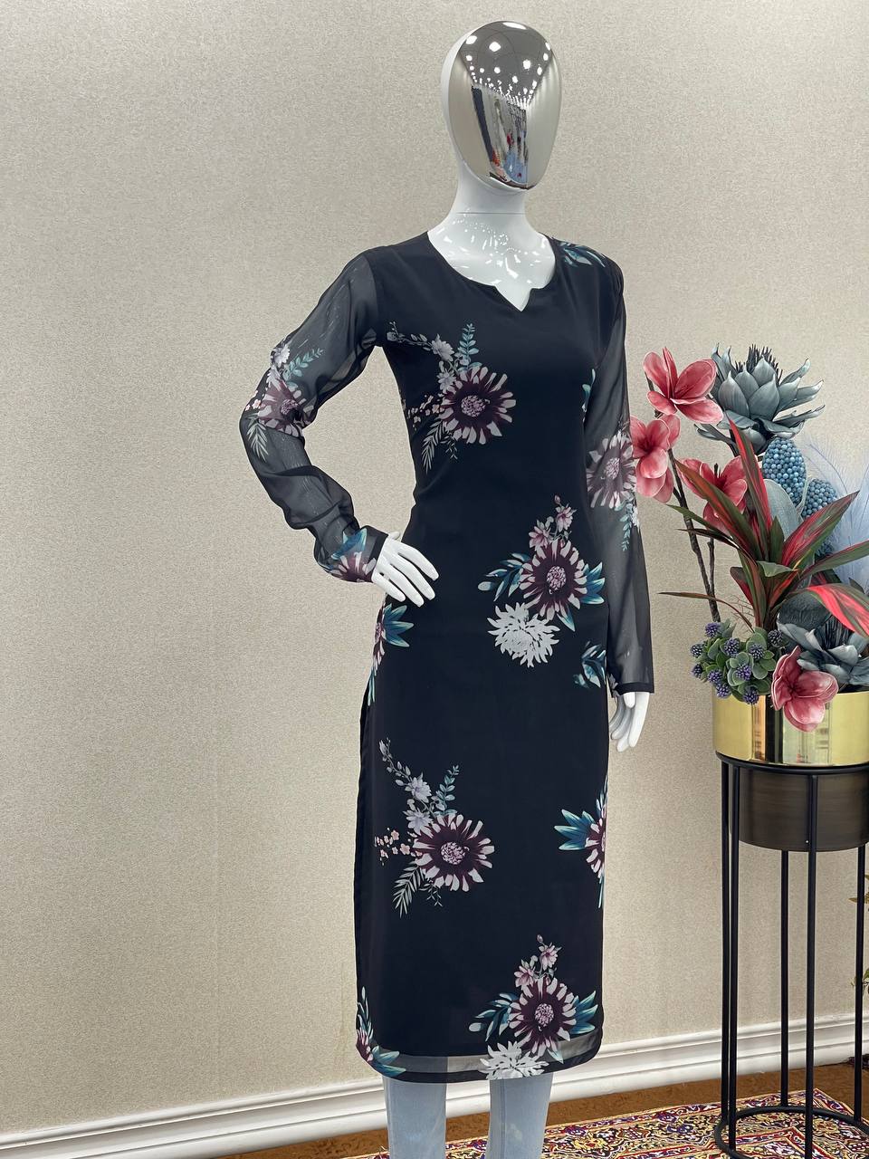 Black Trendy Printed Straight Kurti - Heavy Soft Faux Georgette