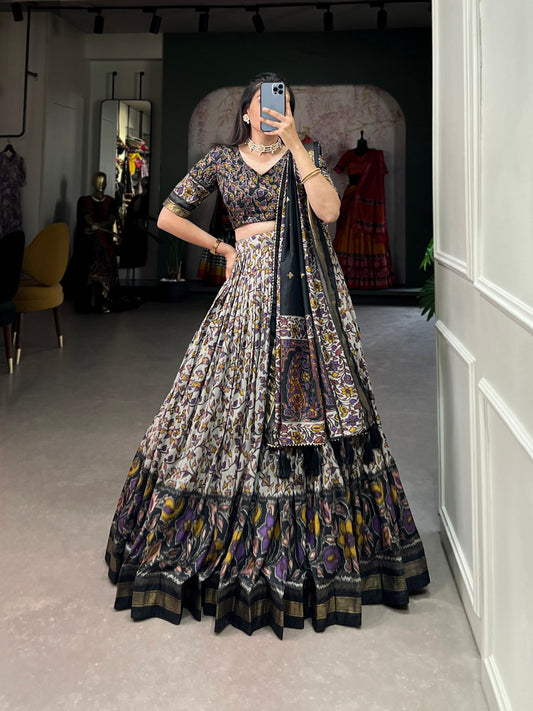 Black Tussar Silk Lehenga Choli with Foil Print