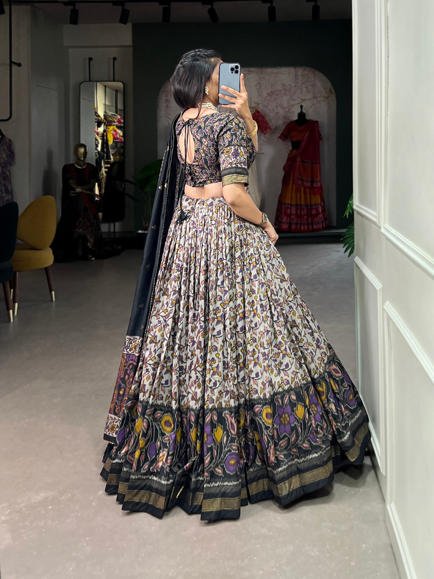 Black Tussar Silk Lehenga Choli with Foil Print