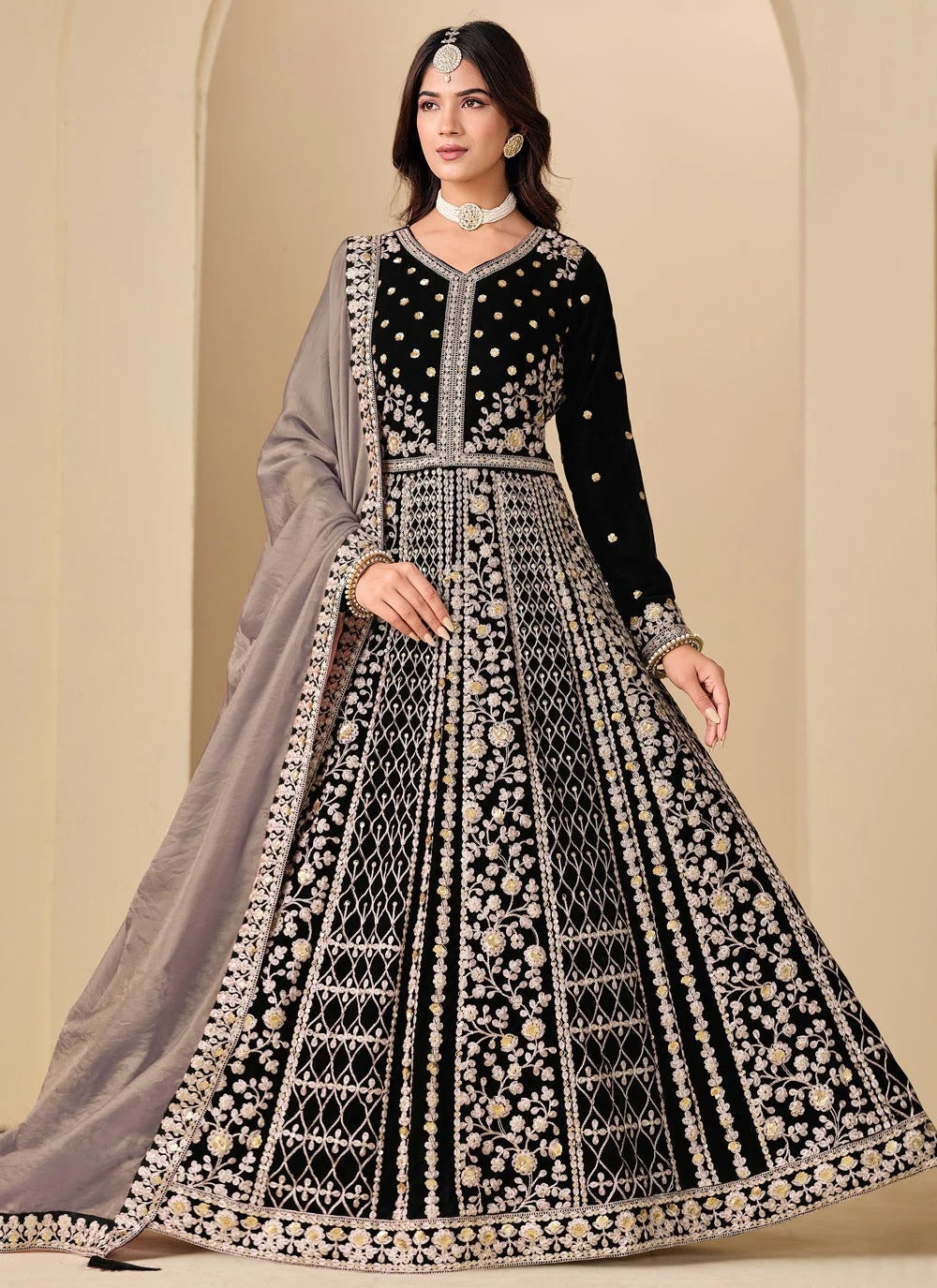 Black velvet abaya style anarkali suit with embroidery work silk dupatta