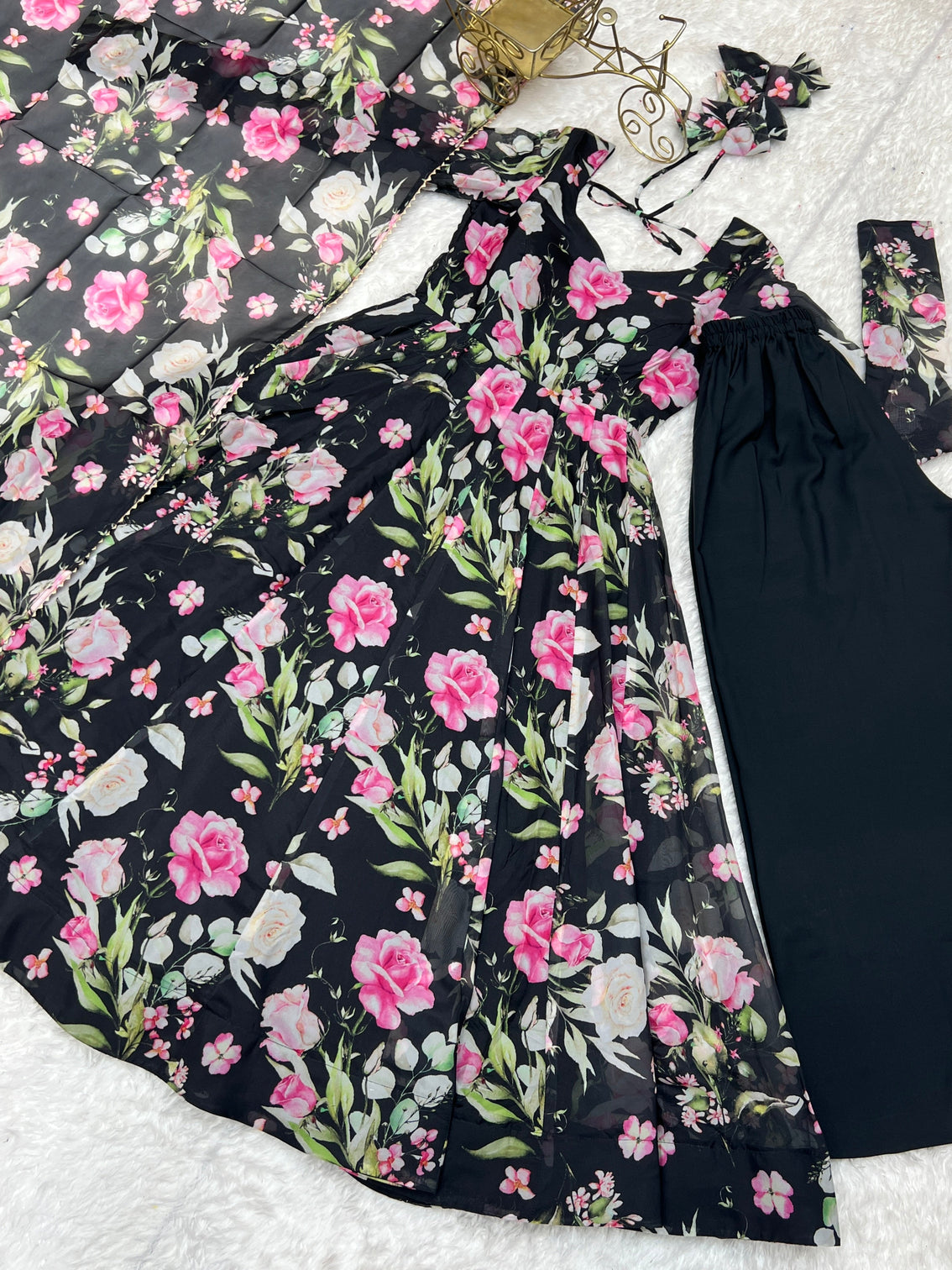 Black Vibrant Pure Organza Silk Anarkali Set with Dupatta & Pant