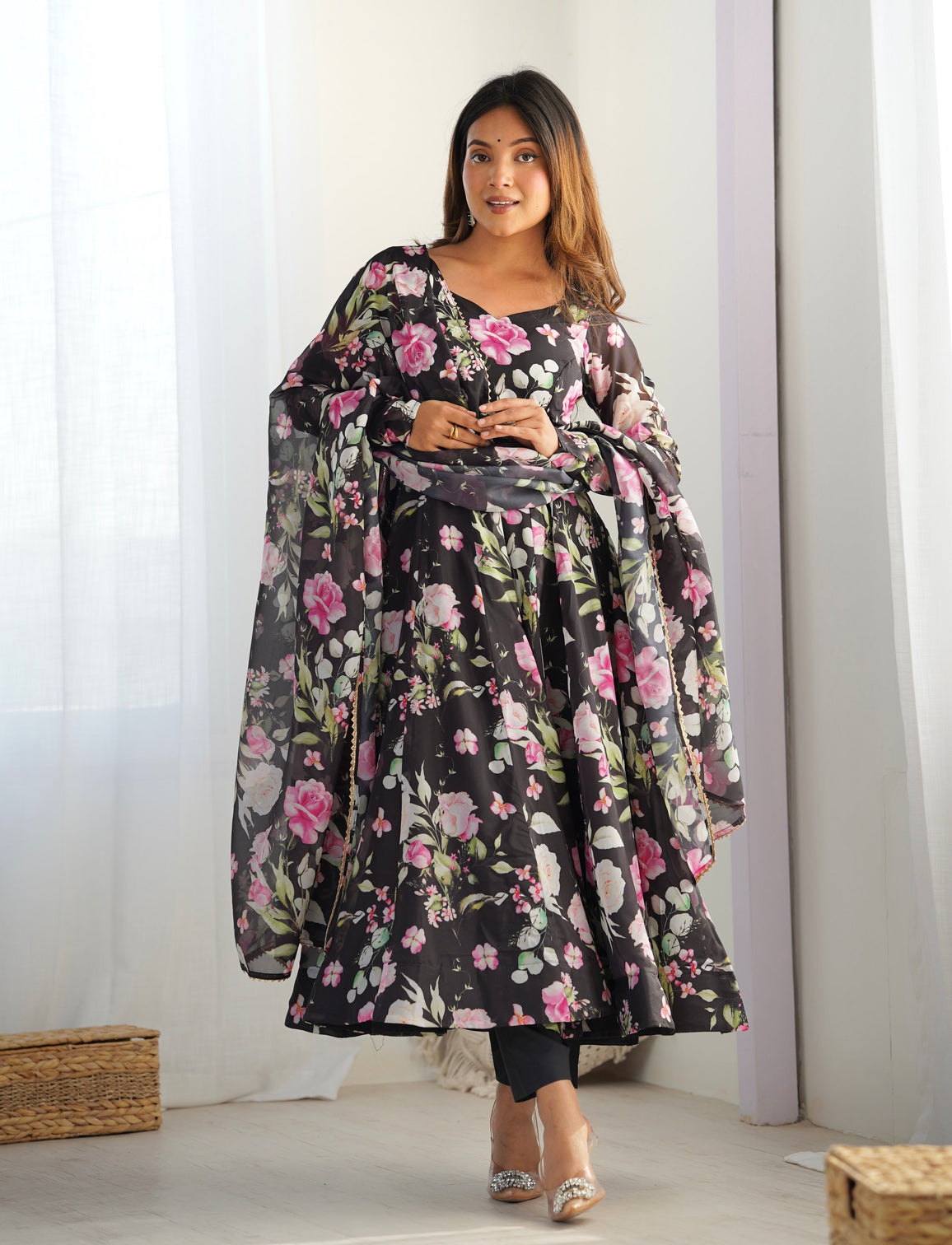 Black Vibrant Pure Organza Silk Anarkali Set with Dupatta & Pant