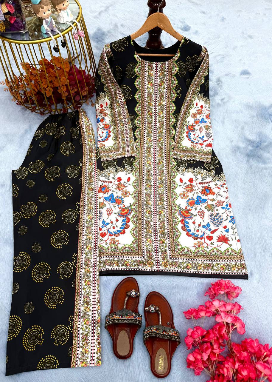 Black & White Digital Printed Pure Natural Crepe Kurti with Palazzo Set – Fully Stitched