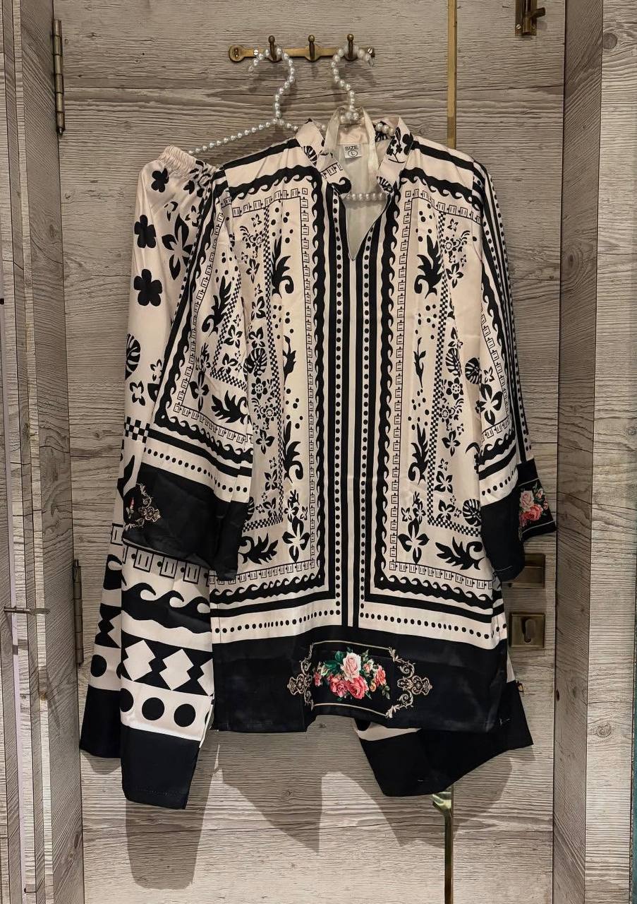 Black & White Stylish Pure Natural Crepe Digital Print Co-Ord Set Top & Plazzo Fully Stitched
