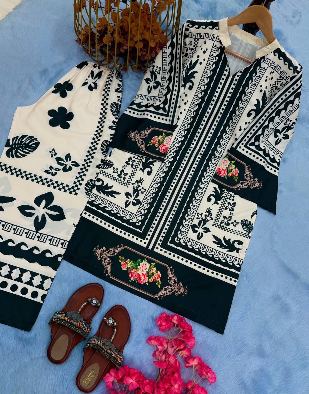 Black & White Stylish Pure Natural Crepe Digital Print Co-Ord Set Top & Plazzo Fully Stitched