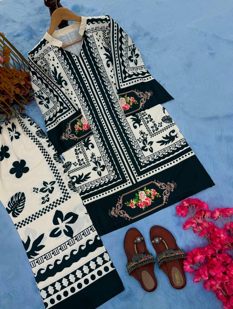 Black & White Stylish Pure Natural Crepe Digital Print Co-Ord Set Top & Plazzo Fully Stitched