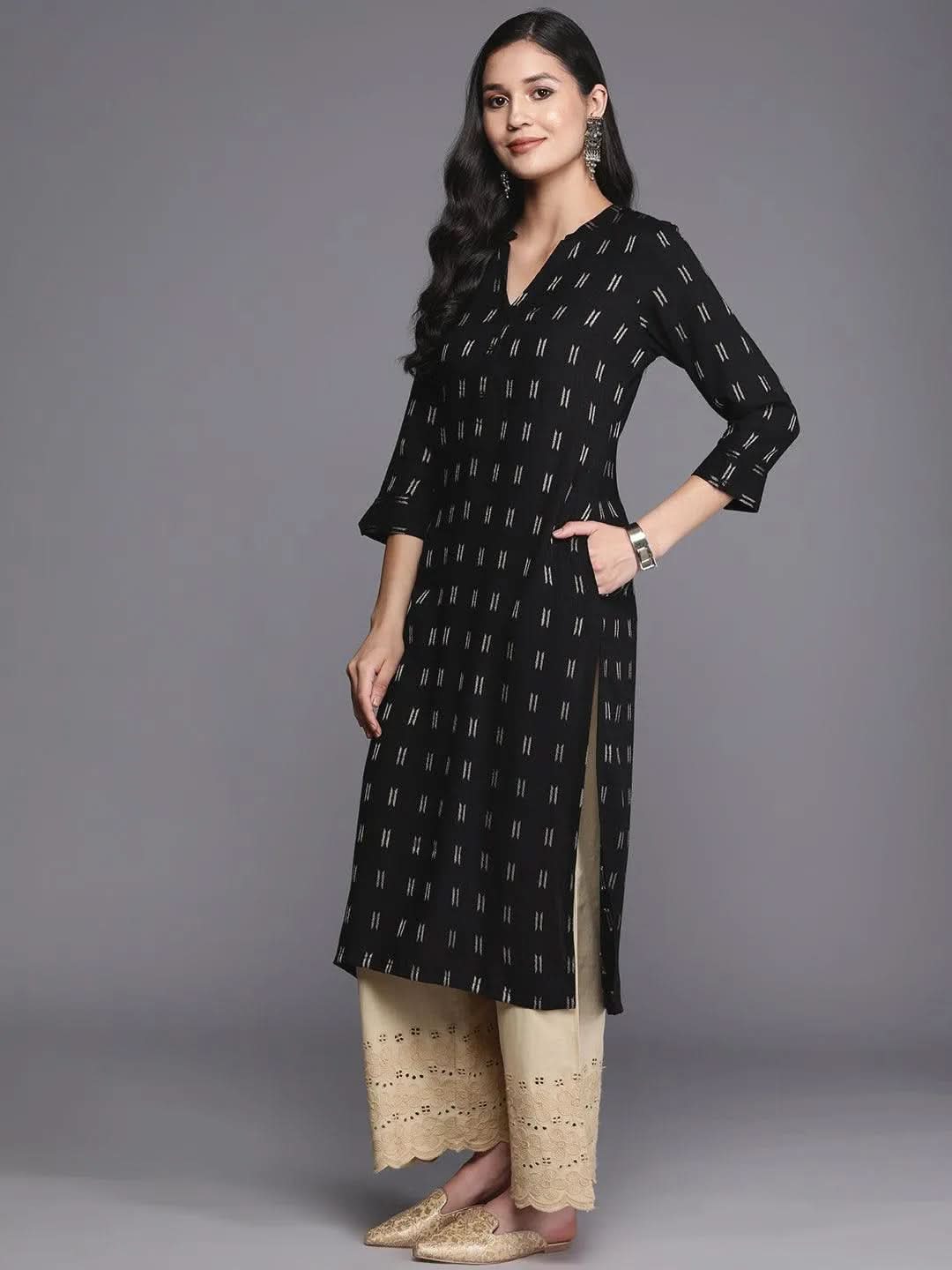 Libas Black Woven Design Rayon Straight Kurta