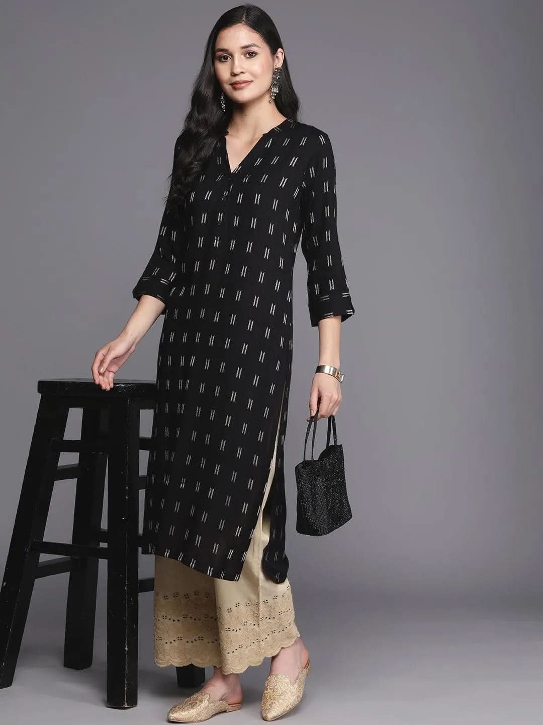 Libas Black Woven Design Rayon Straight Kurta