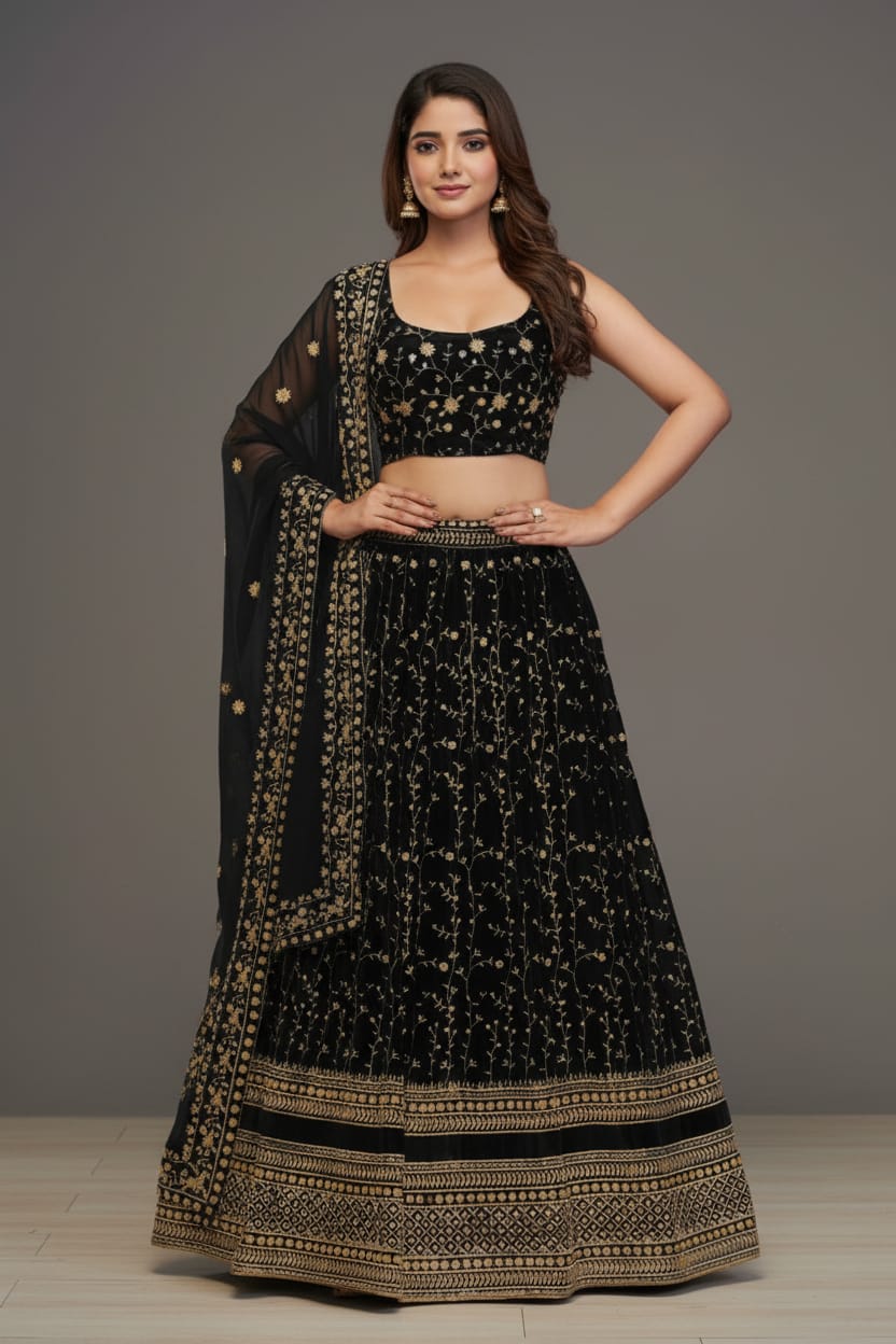Black Zari Embroidered Lehenga Set