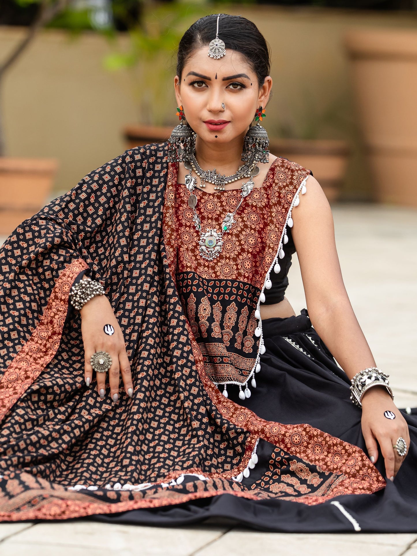 Black  Cotton Flared Rajwadi Navratri  Lehenga Choli