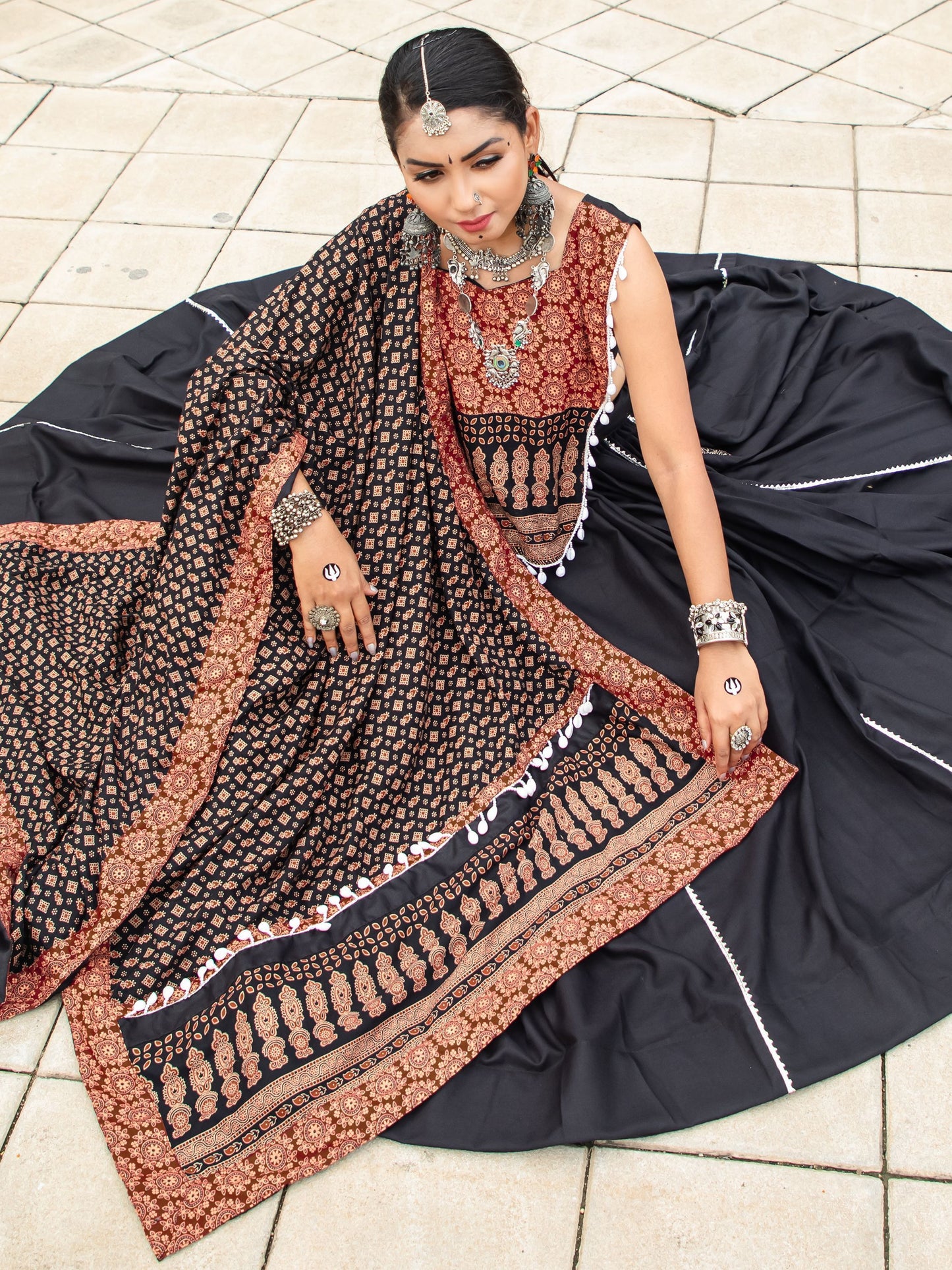 Black  Cotton Flared Rajwadi Navratri  Lehenga Choli