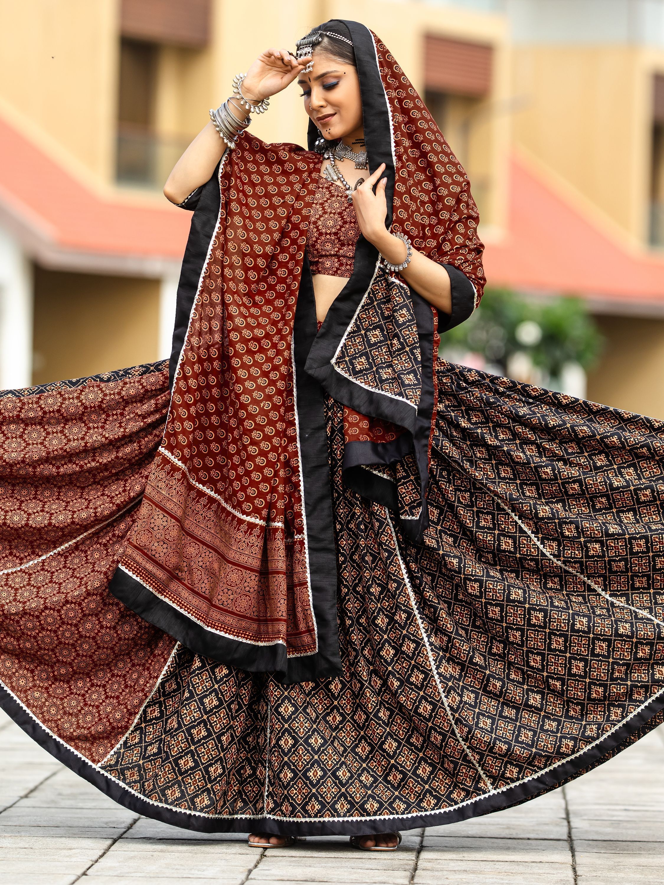 Black and Maroon Cotton Flared Rajwadi Navratri  Lehenga Choli