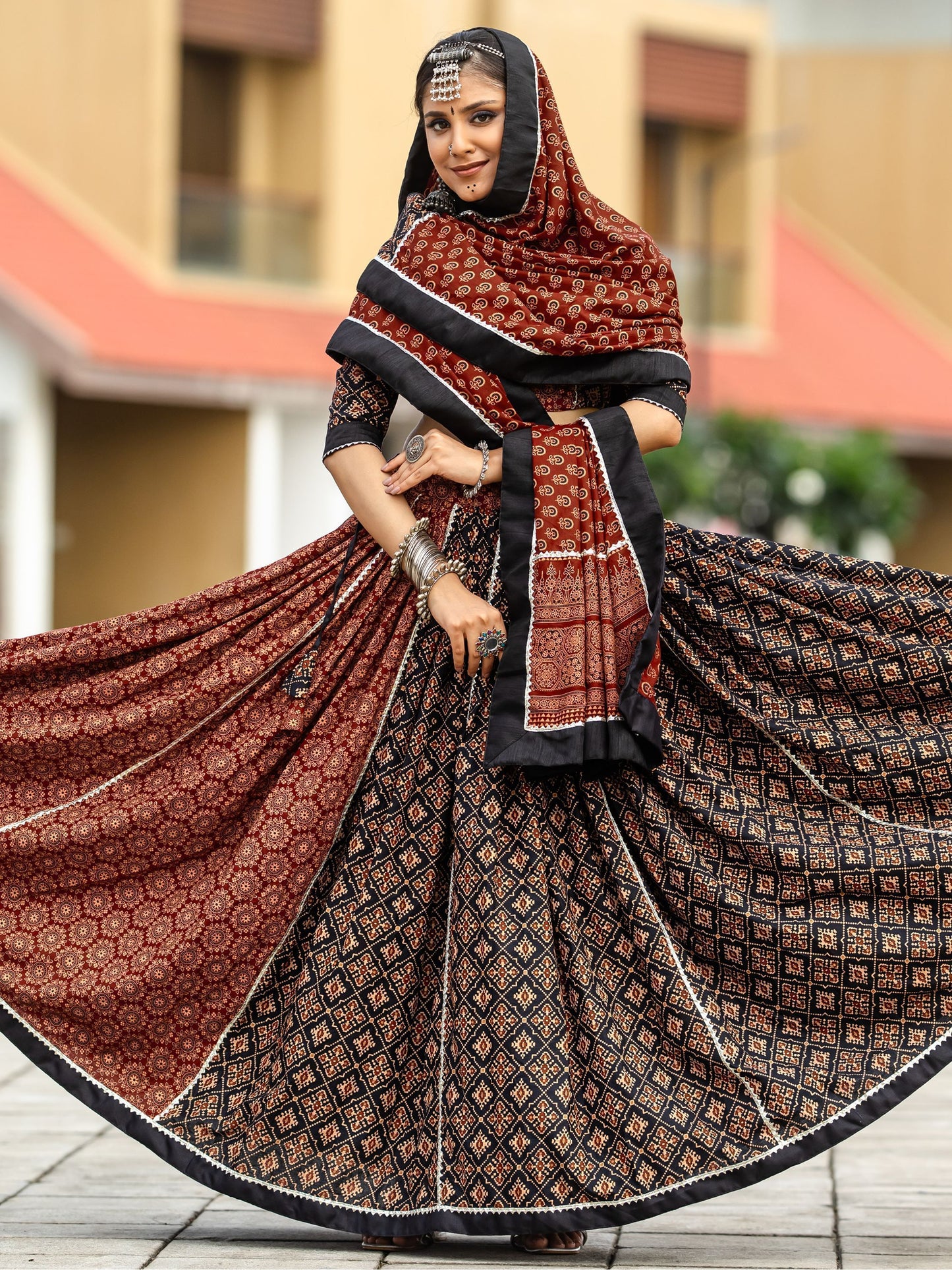 Black and Maroon Cotton Flared Rajwadi Navratri  Lehenga Choli