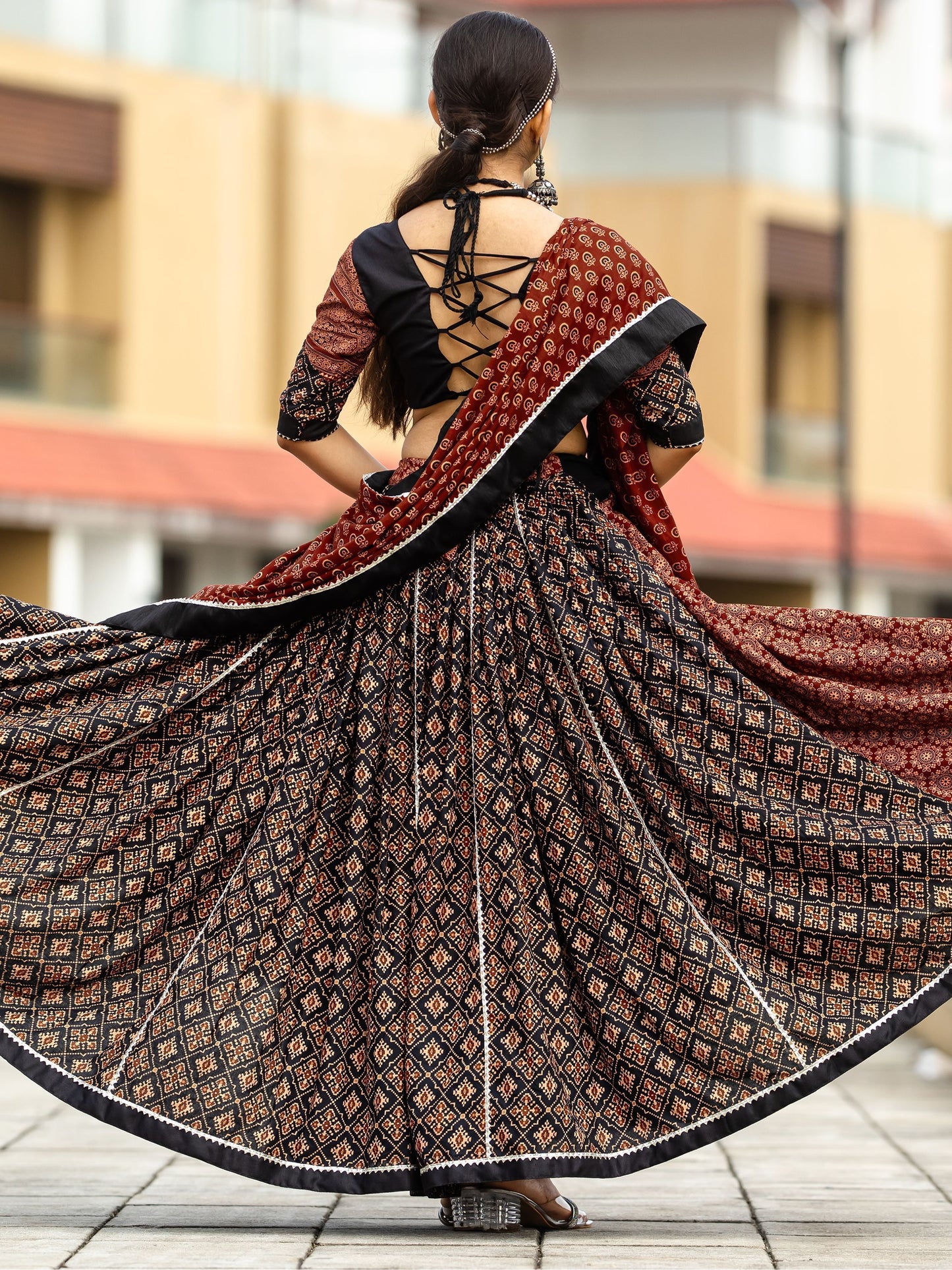 Black and Maroon Cotton Flared Rajwadi Navratri  Lehenga Choli