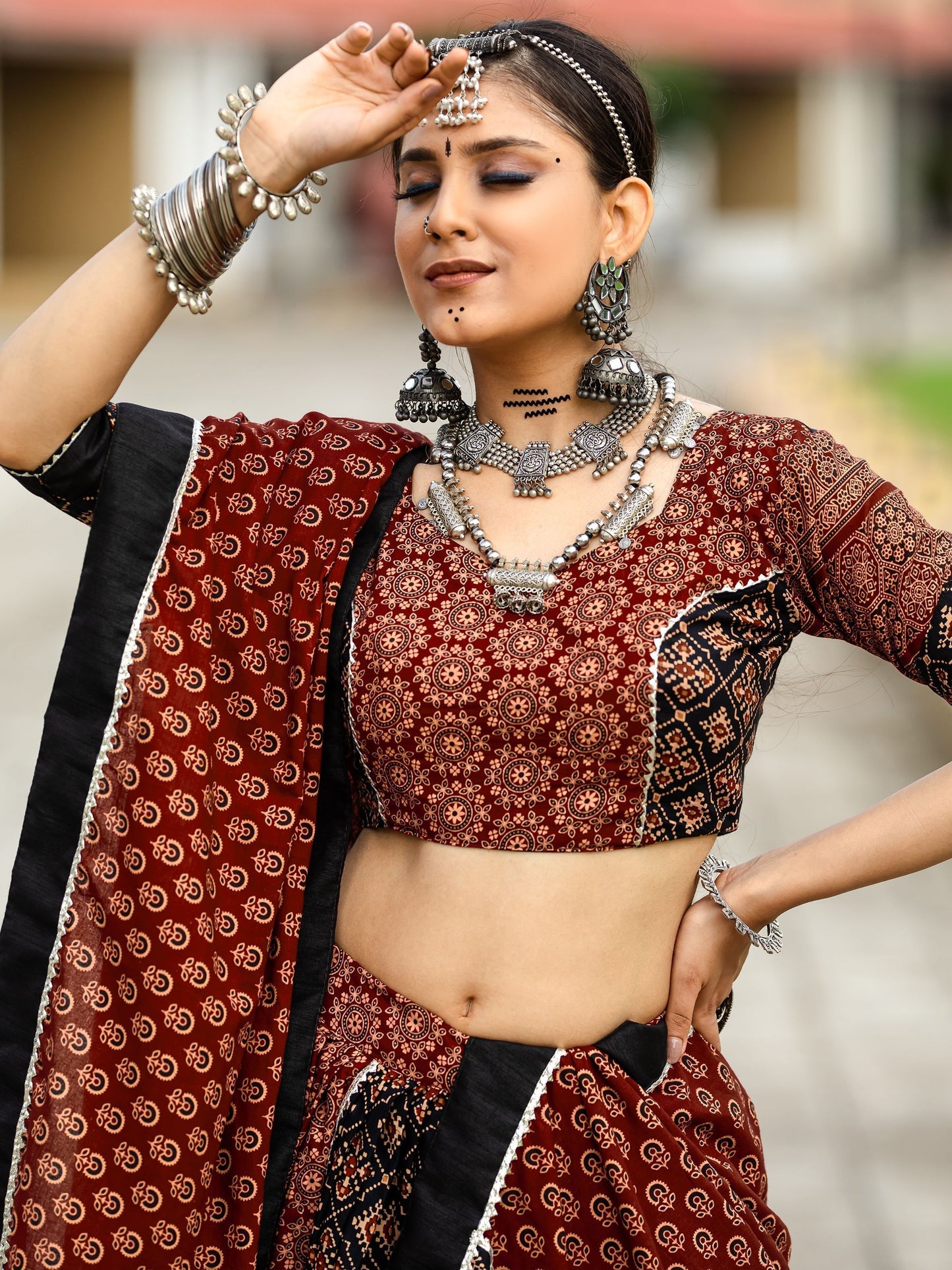 Black and Maroon Cotton Flared Rajwadi Navratri  Lehenga Choli