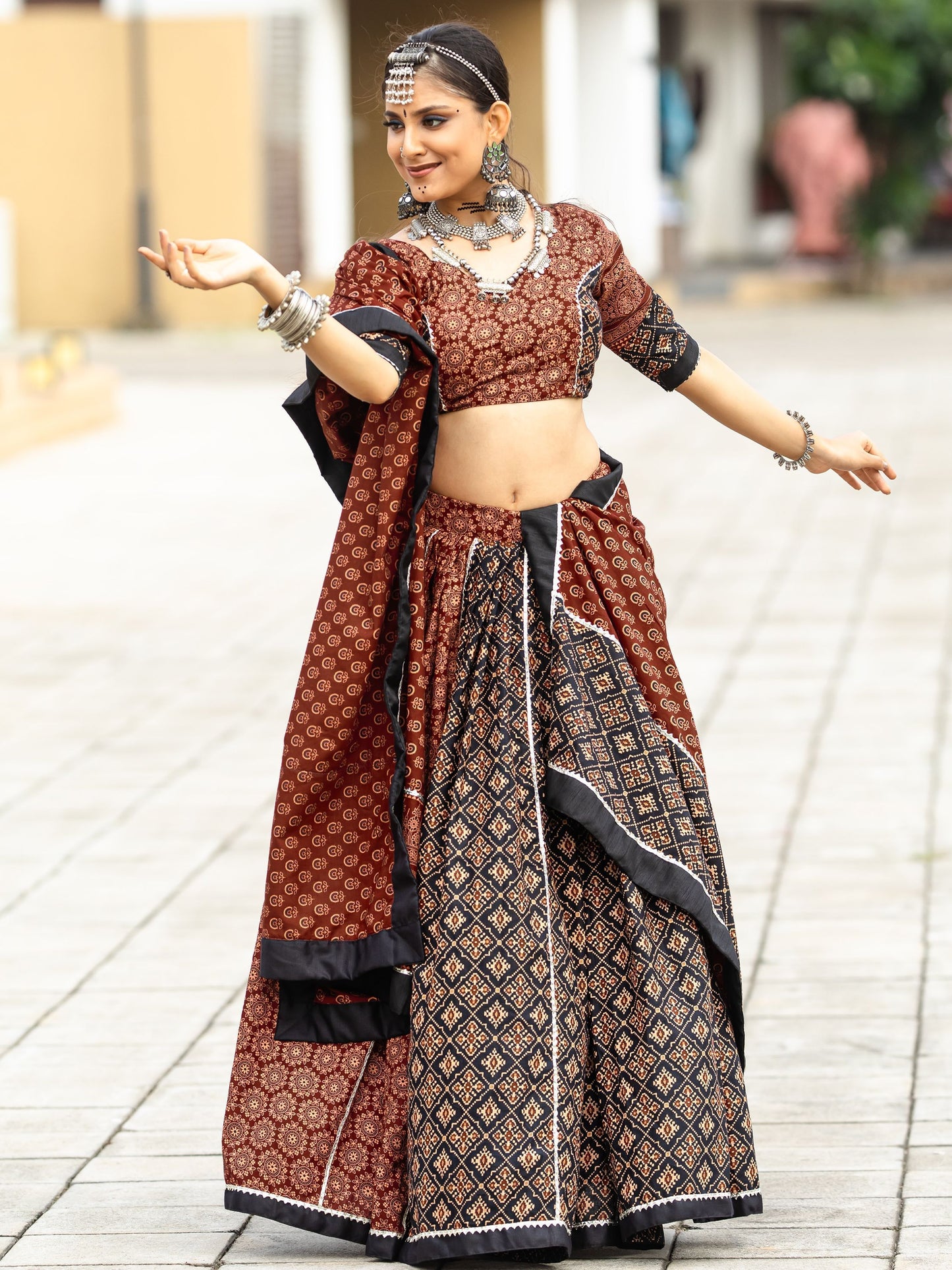 Black and Maroon Cotton Flared Rajwadi Navratri  Lehenga Choli