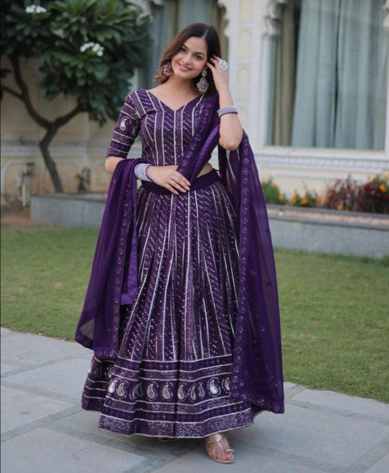 Blissfull Purple Faux Georgette Sequins Zari Worked Lehenga Choli Set