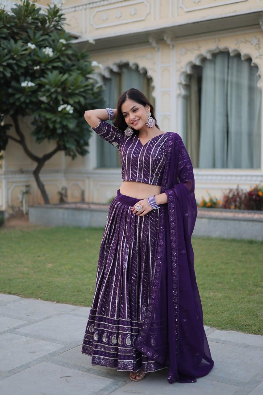 Blissfull Purple Faux Georgette Sequins Zari Worked Lehenga Choli Set