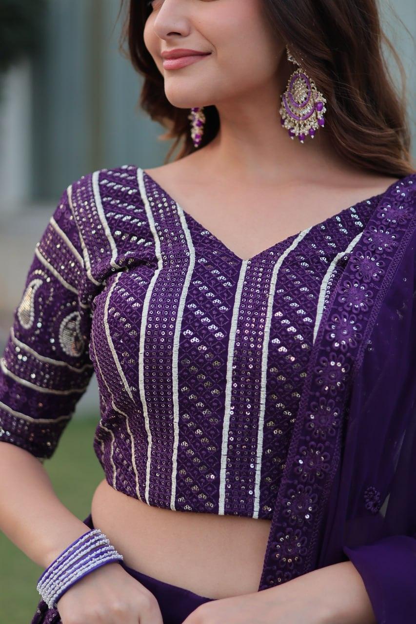 Blissfull Purple Faux Georgette Sequins Zari Worked Lehenga Choli Set