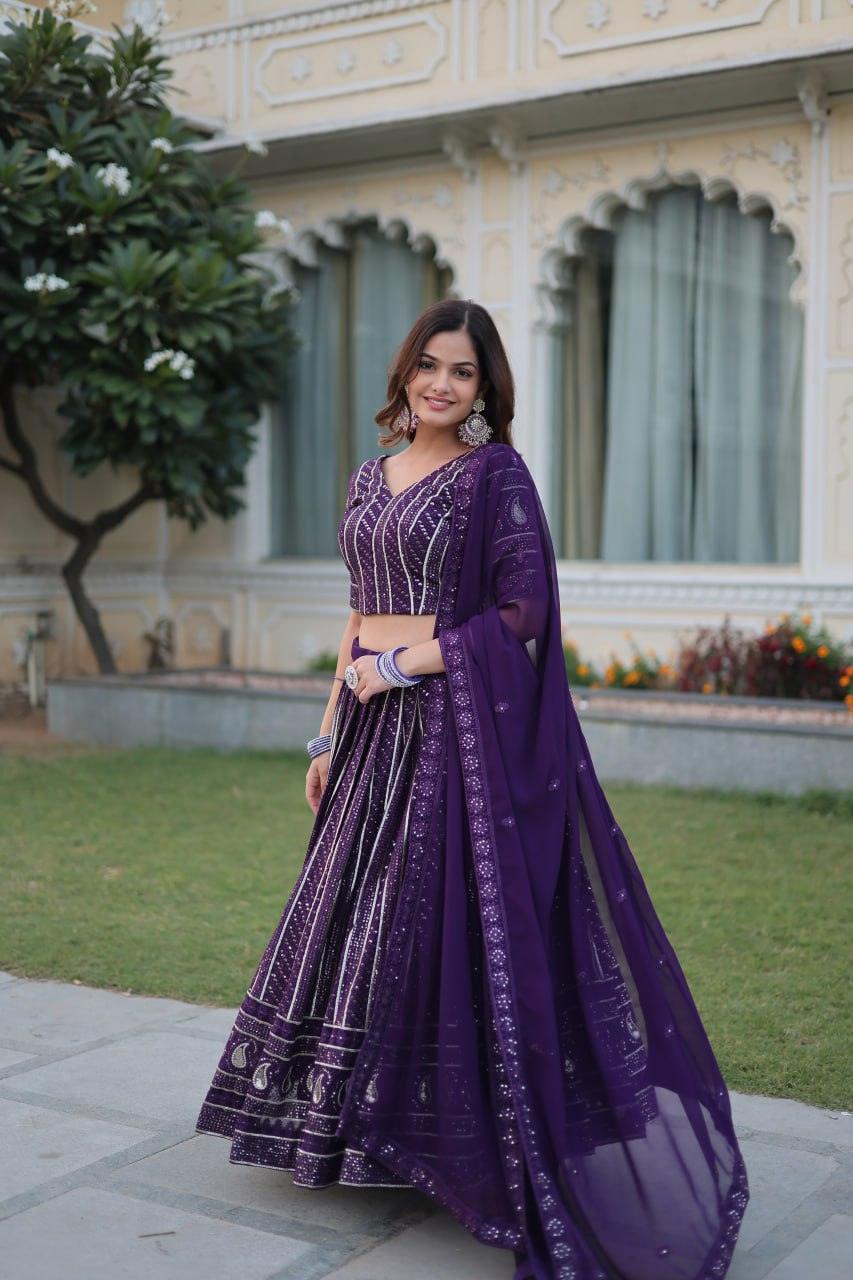 Blissfull Purple Faux Georgette Sequins Zari Worked Lehenga Choli Set