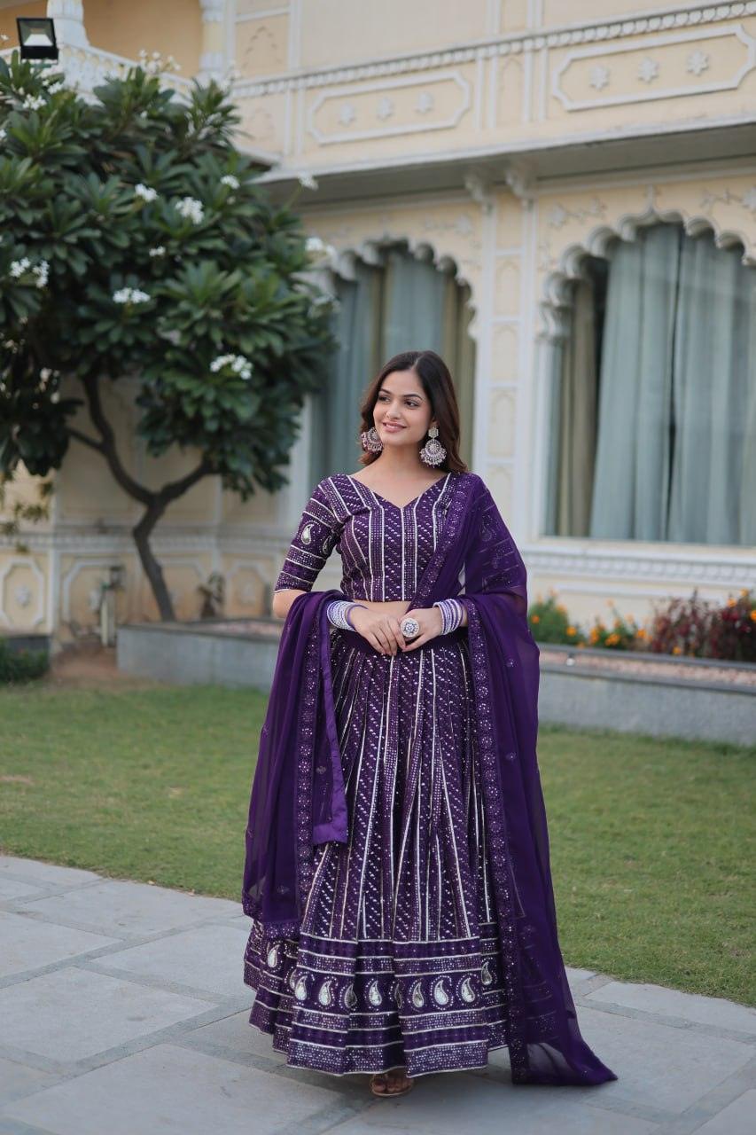 Blissfull Purple Faux Georgette Sequins Zari Worked Lehenga Choli Set