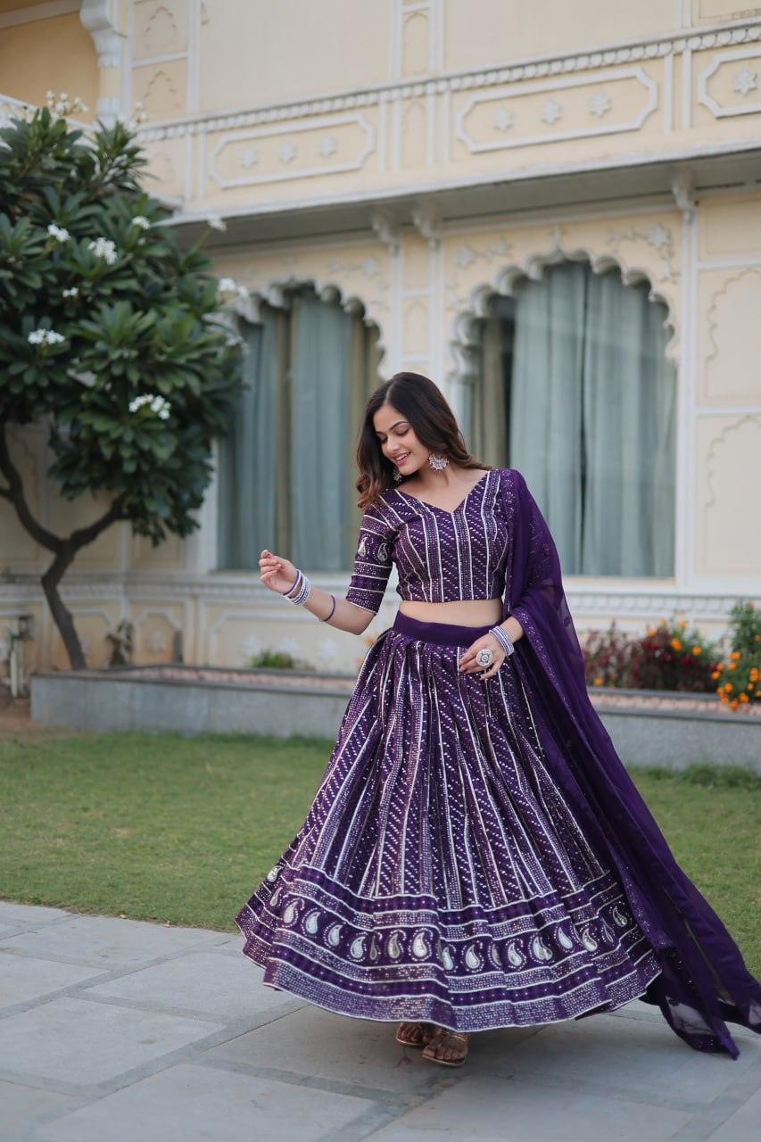 Blissfull Purple Faux Georgette Sequins Zari Worked Lehenga Choli Set